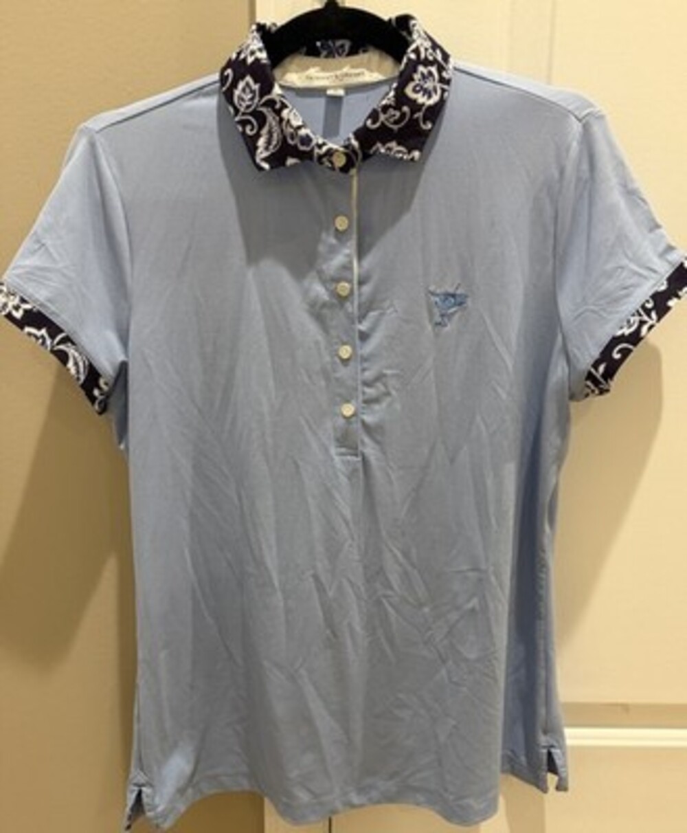 Fairway & Greene Ladies Size M Blue Floral Collar Golf Polo Shirt Short Sleeve